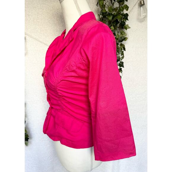 Vintage Vixen Hot Pink Cotton 3/4 Sleeves Shoulder Pads Cropped Blazer Blouse - Picture 9 of 13
